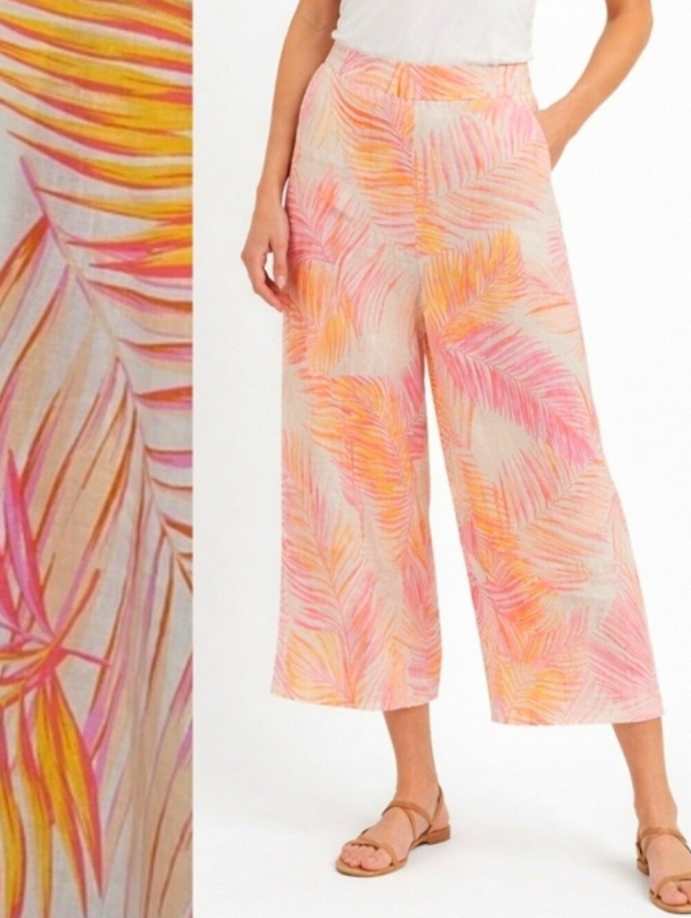 Tahari 100% Linen Wide Leg Crop Pants Size M Resort Tropical Palm Cruise Travel